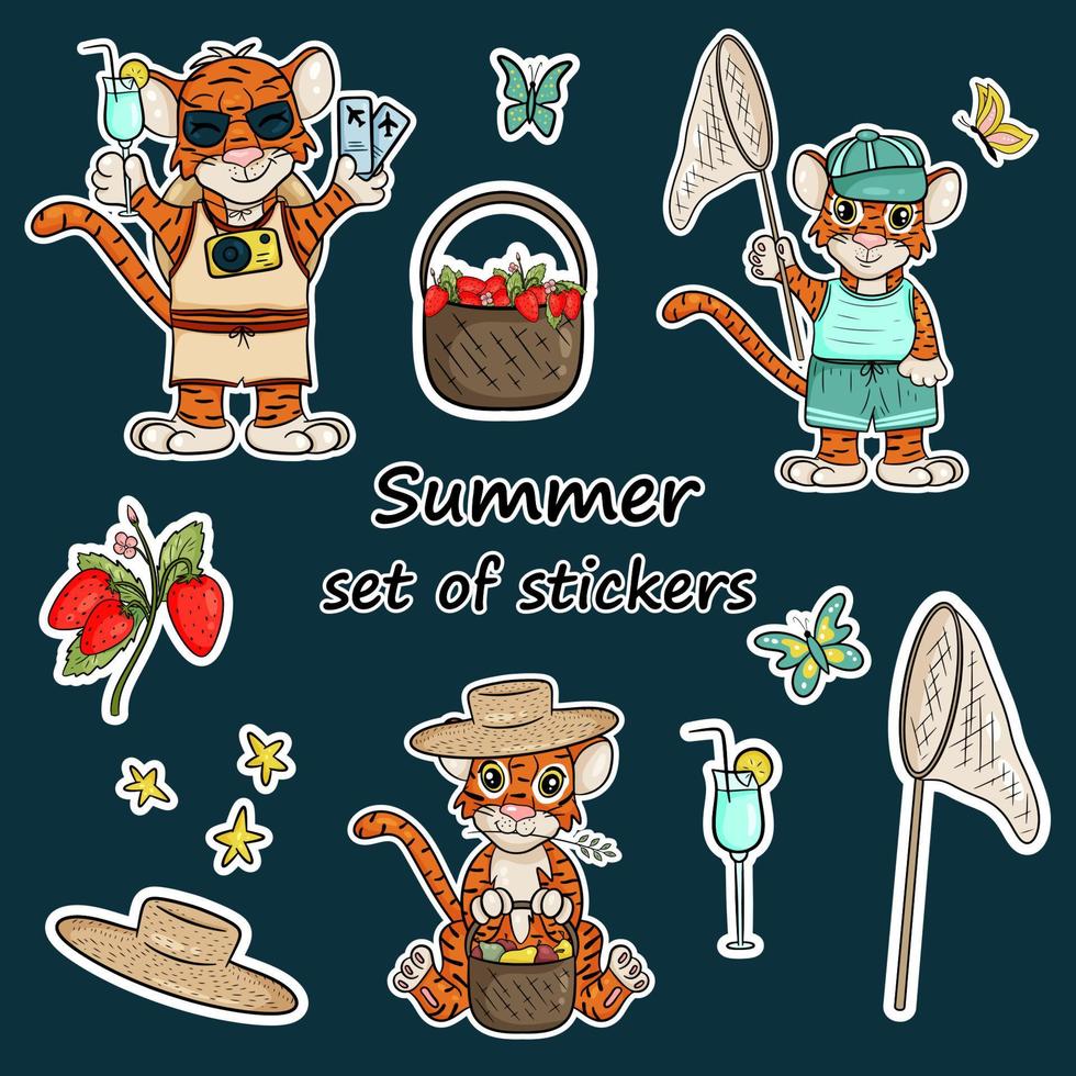 juego de pegatinas con el símbolo del año del tigre según el calendario chino. pegatinas con elementos de verano, frutos del bosque, canasta de frutas, cosecha, sombrero de paja. estilo de dibujos animados de vector