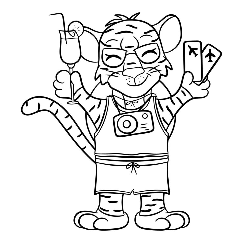 Tiger in sunglasses with cocktail. The symbol of the new year according to the Chinese or Eastern calendar. Outline for coloring. Vector editable illustration, cartoon style