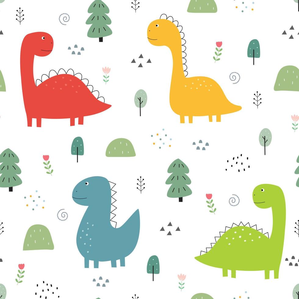 dinosaurio de patrones sin fisuras y árbol lindo fondo de dibujos animados de animales dibujados a mano en un diseño de estilo infantil para impresión, papel tapiz, tela, ilustración vectorial textil vector