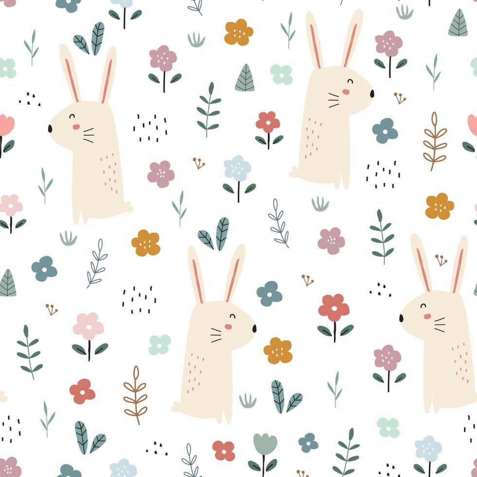 Rabbit with flower garden seamless pattern cute cartoon animal background Hand drawn design in kid style, use for print, wallpaper, decoration, textile. Vector illustration