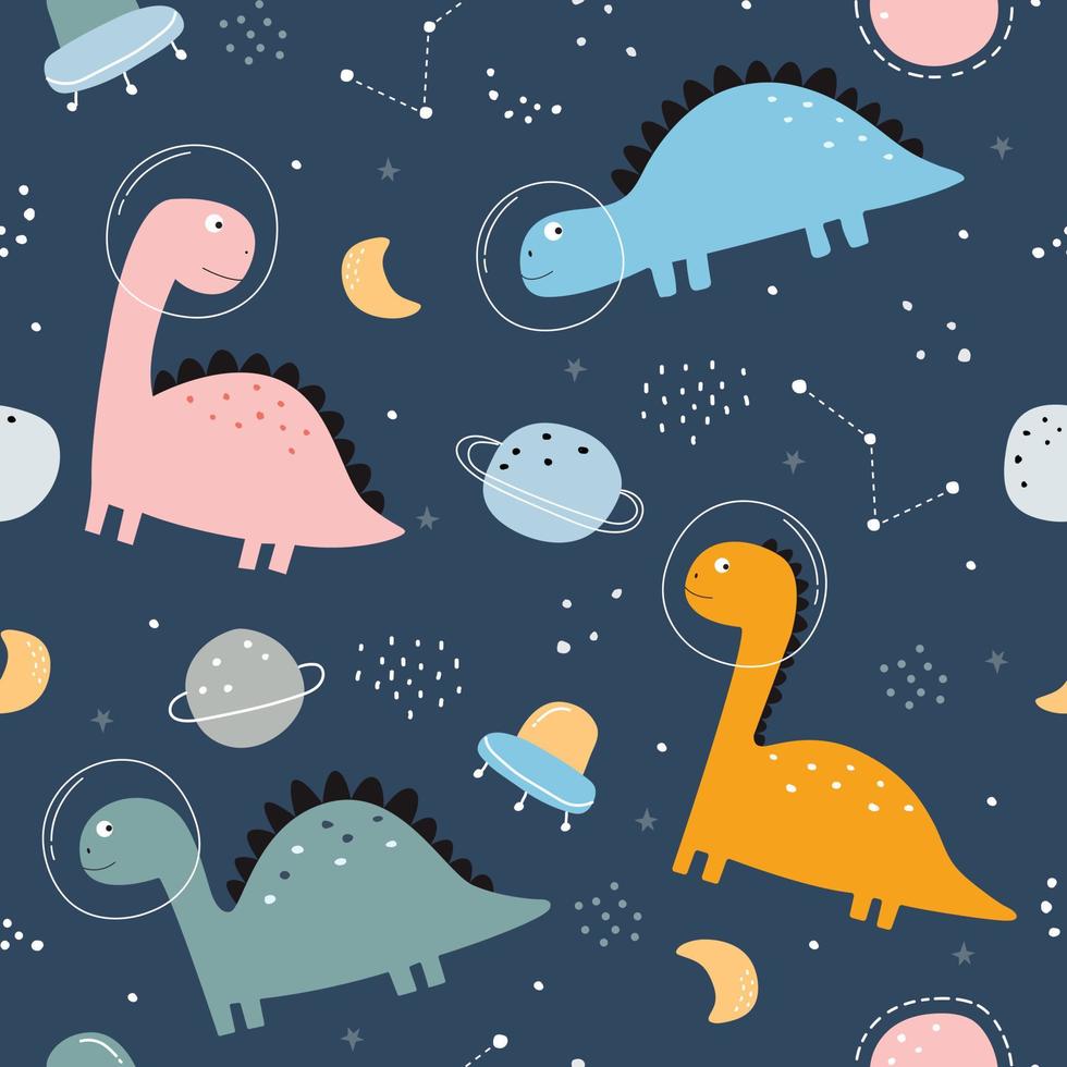 dinosaurio y estrellas de patrones sin fisuras lindo fondo de dibujos animados de animales dibujados a mano en estilo infantil el diseño utilizado para impresión, papel tapiz, decoración, tela, ilustración vectorial textil vector