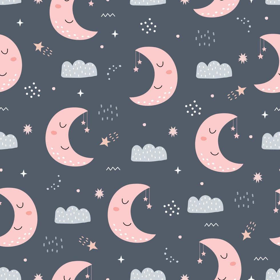 cielo nocturno de patrones sin fisuras con luna creciente y nubes diseño dibujado a mano en estilo de dibujos animados, uso para impresión, papel tapiz de decoración, papel de regalo, textiles. ilustración vectorial vector