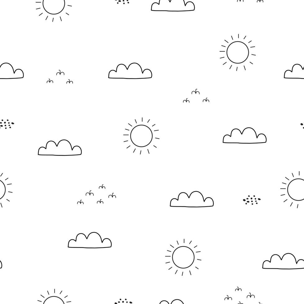 Seamless pattern Sky background with sun and clouds Hand drawn design in black and white cartoon style. Used for print, wallpaper, embellishment, clothing, textiles. Vector illustration