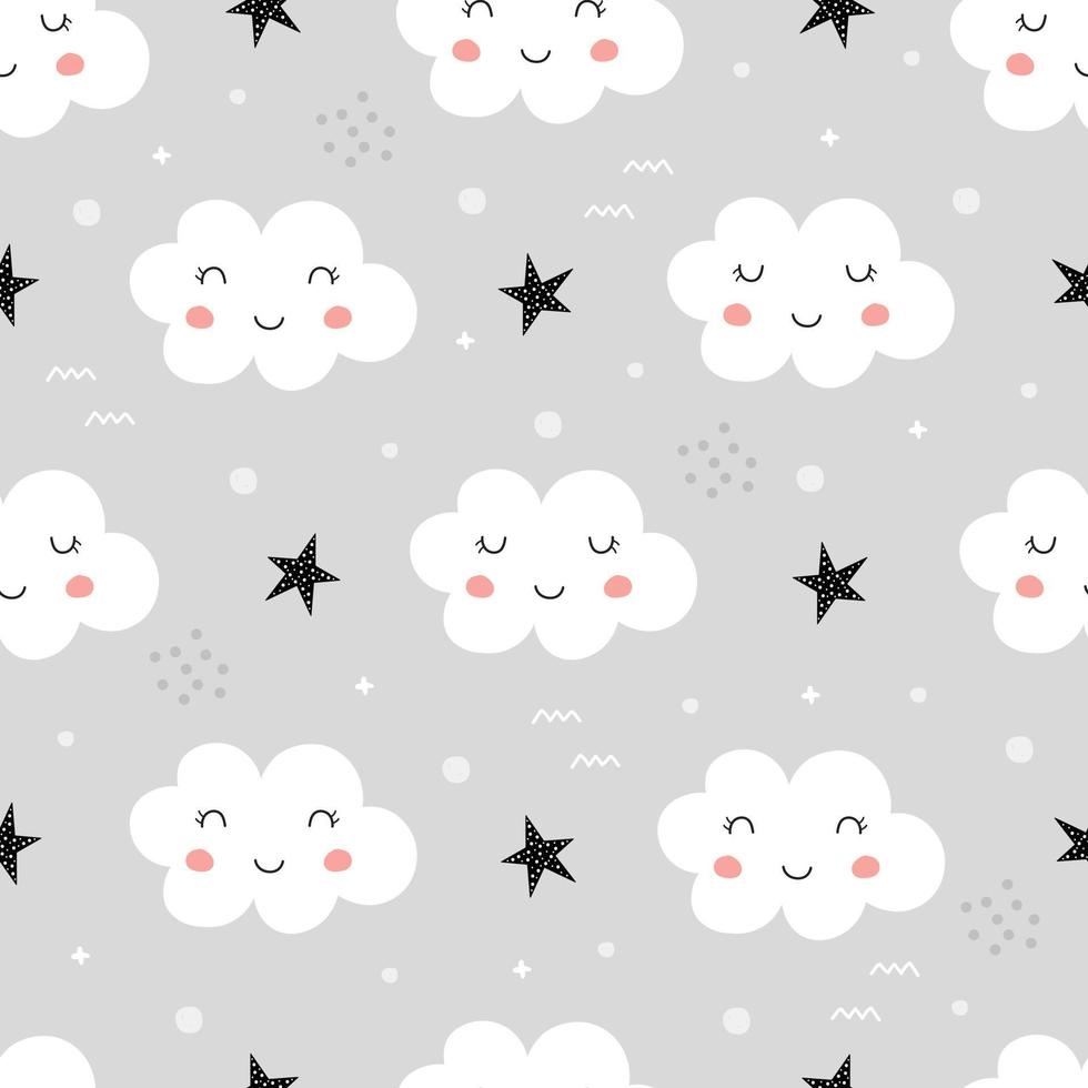 Cute seamless pattern for kids. Sky background with white clouds smiling Cartoon style hand-drawn design, use for print, wallpaper, gift wrap, textiles. Vector illustration