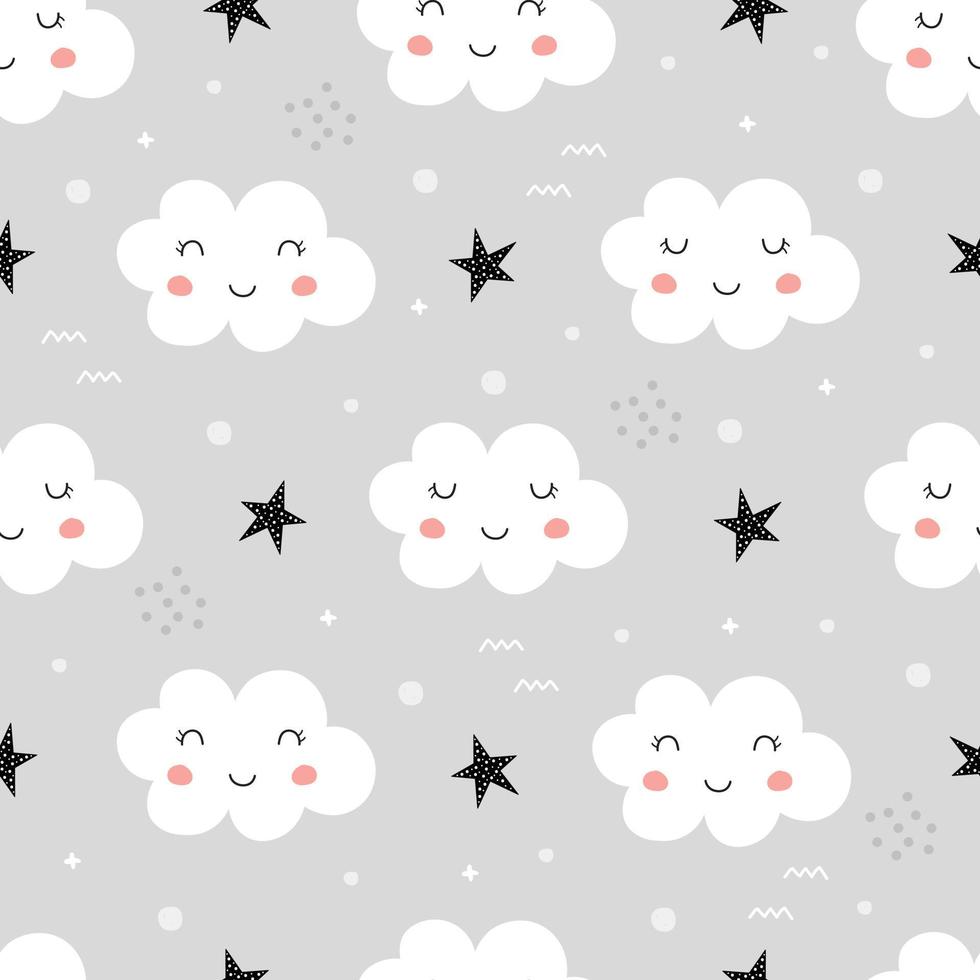 lindo patrón sin costuras para niños. Fondo de cielo con nubes blancas, estilo de dibujos animados sonriente, diseño dibujado a mano, uso para impresión, papel tapiz, papel de regalo, textiles. ilustración vectorial vector