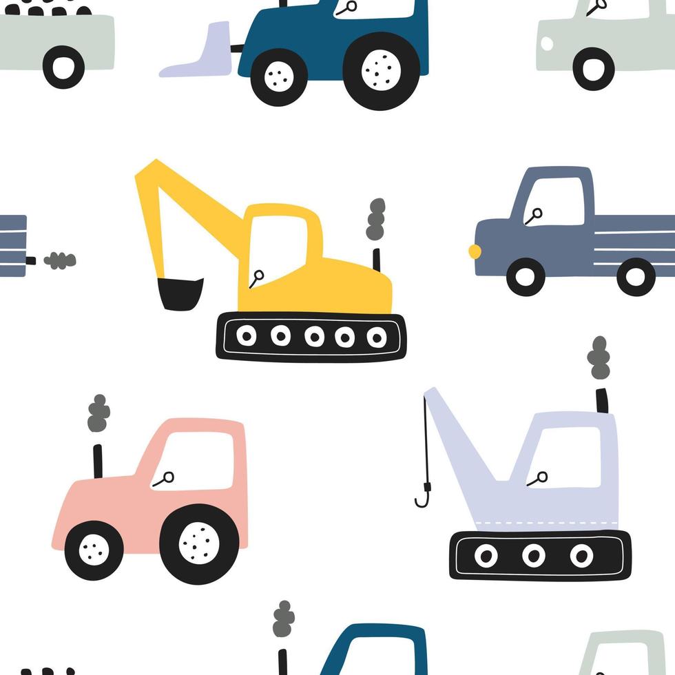 Hand-drawn construction machinery car Seamless vector pattern with a tractor on a white background Lovely design, cartoon style, use for print, wallpaper, fabric, fashion textile.