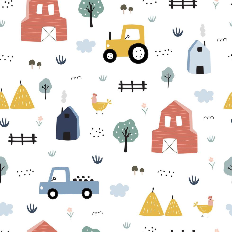 Farm seamless pattern Lovely landscape background with car tractors and houses. Hand drawn design in cartoon style, use for print, wallpaper, kids clothes, fashion. Vector illustration