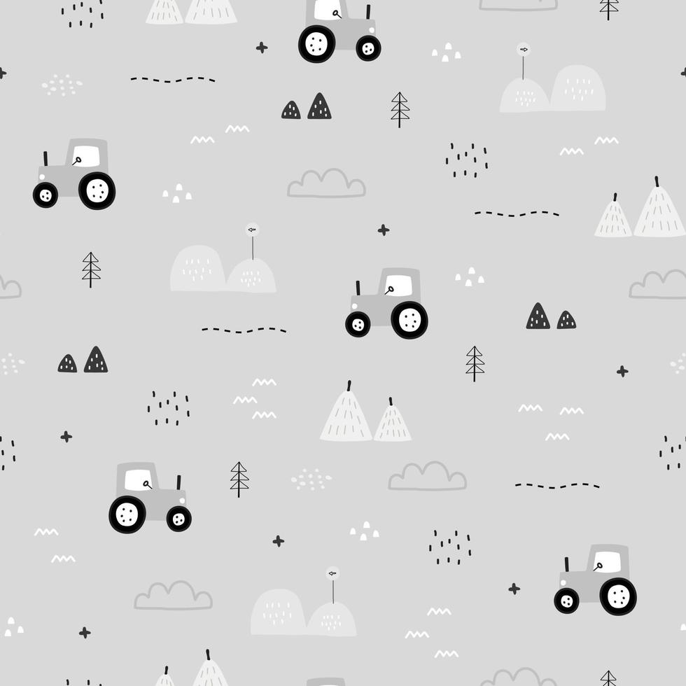 Seamless pattern Farm background with tractor and haystack Hand drawn design in cartoon style and with black and white tone. Used for print, wallpaper, baby clothes, fashion. Vector illustration