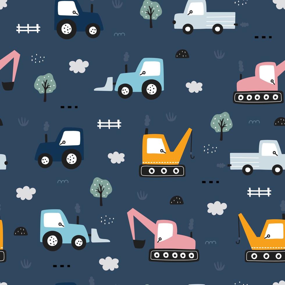 Hand-drawn construction machinery car Seamless vector pattern with the tractor on blue background Cute design, cartoon style, use for printing, fabric wallpaper, textile, fashion.
