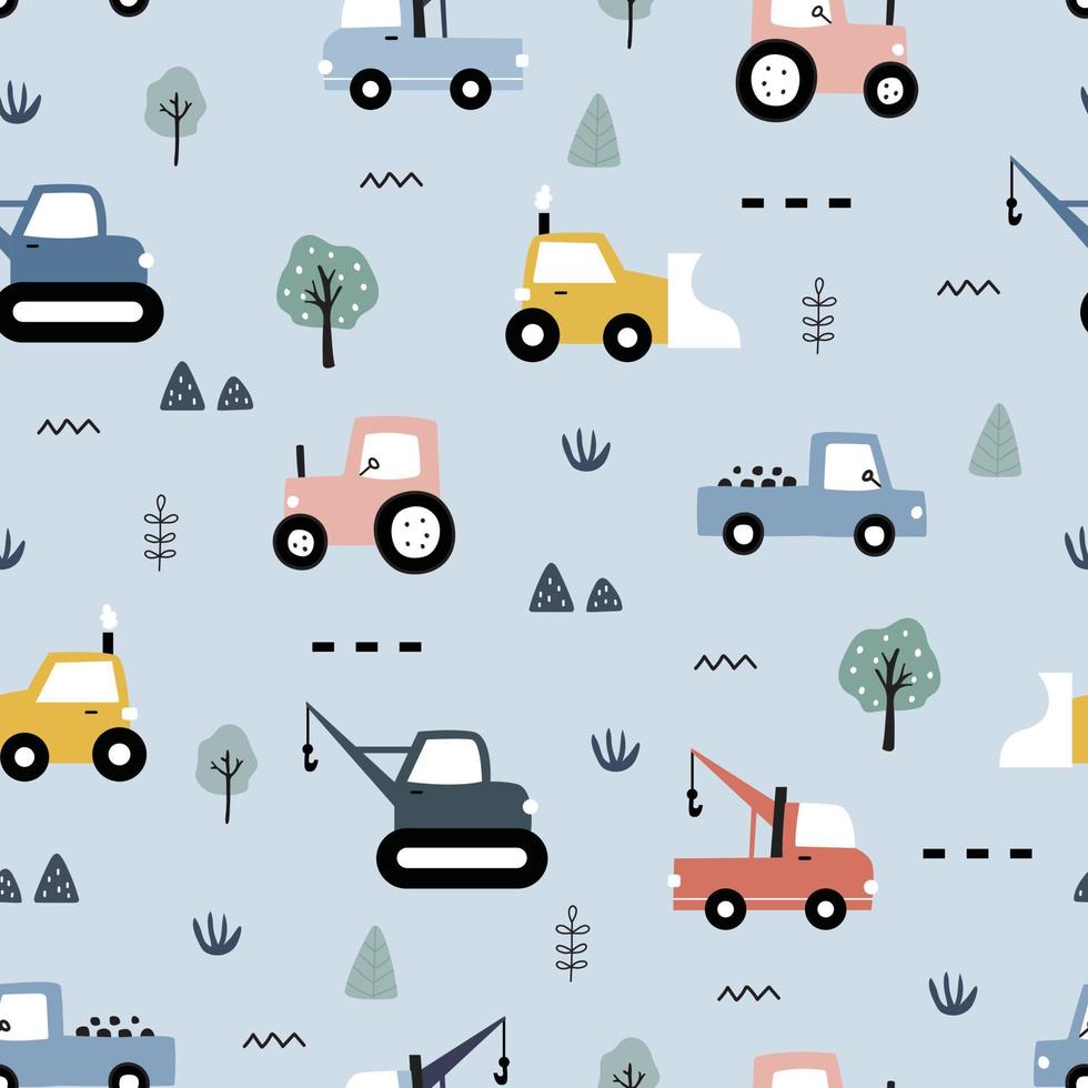 Hand-drawn construction vehicles seamless pattern vector have a tractor with the tree on gray background Cute design, cartoon style, used for printing, wallpaper, fabric, fashion textile.