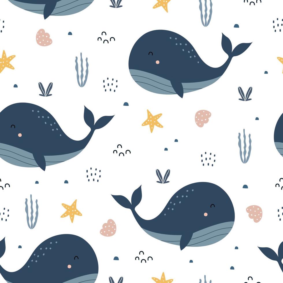 Blue whale with coral in the sea Cute cartoon background seamless pattern The design used for Textile, Clothing Pattern, Print, Wallpaper, Vector Illustration.