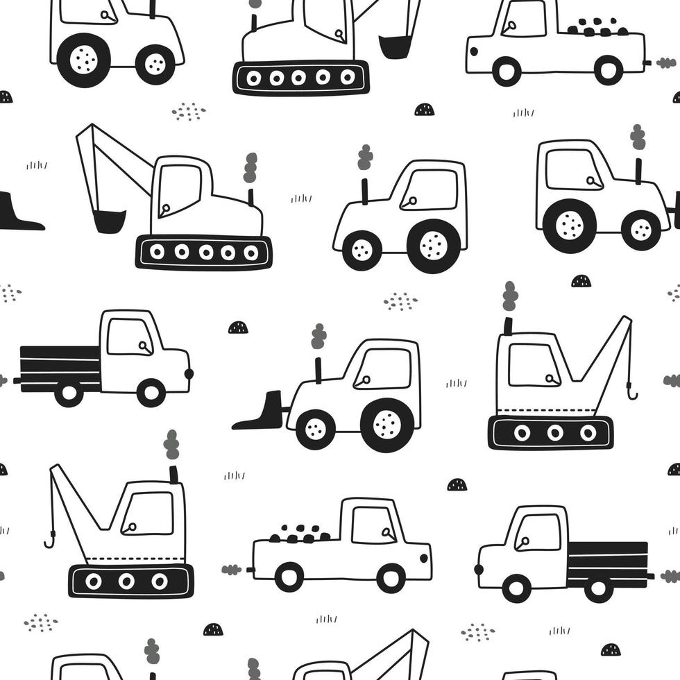 Hand-drawn construction machinery car Seamless vector pattern with tractors Cute design in child style on white background use for print, wallpaper, fabric, fashion textiles.