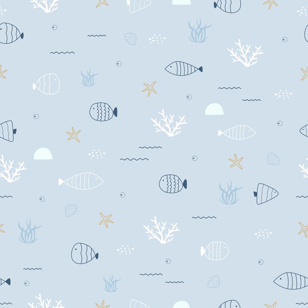 Seamless pattern cartoon background sea life with fish and corals Hand drawn design in child style, use for print, wallpaper, fabric, fashion, textile. Vector illustration