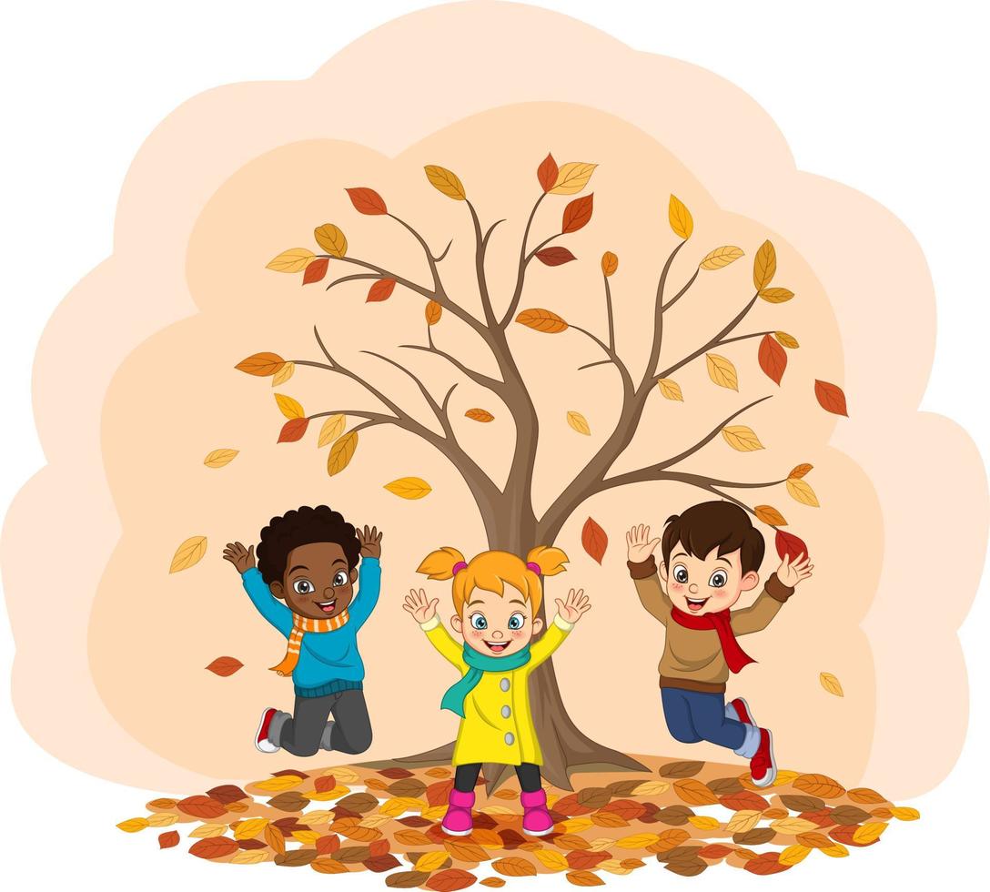 niños felices de dibujos animados jugando en el fondo de otoño 4990210  Vector en Vecteezy