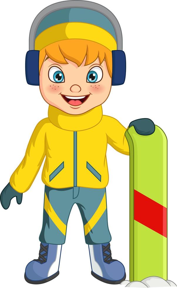 Cute little boy de dibujos animados snowboard aislado sobre fondo blanco. vector