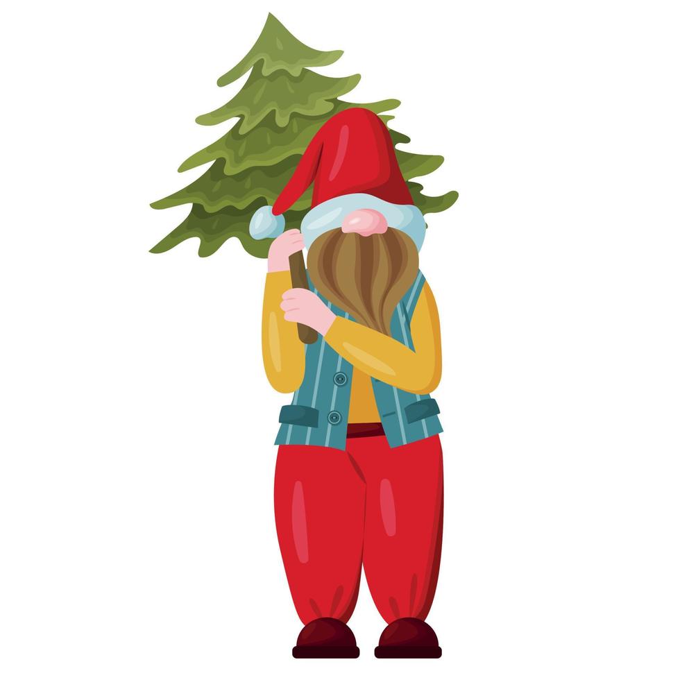 Illustration of a cartoon gnome in a bright colorful costume. A fabulous Christmas character carries a Christmas tree. Vector. vector