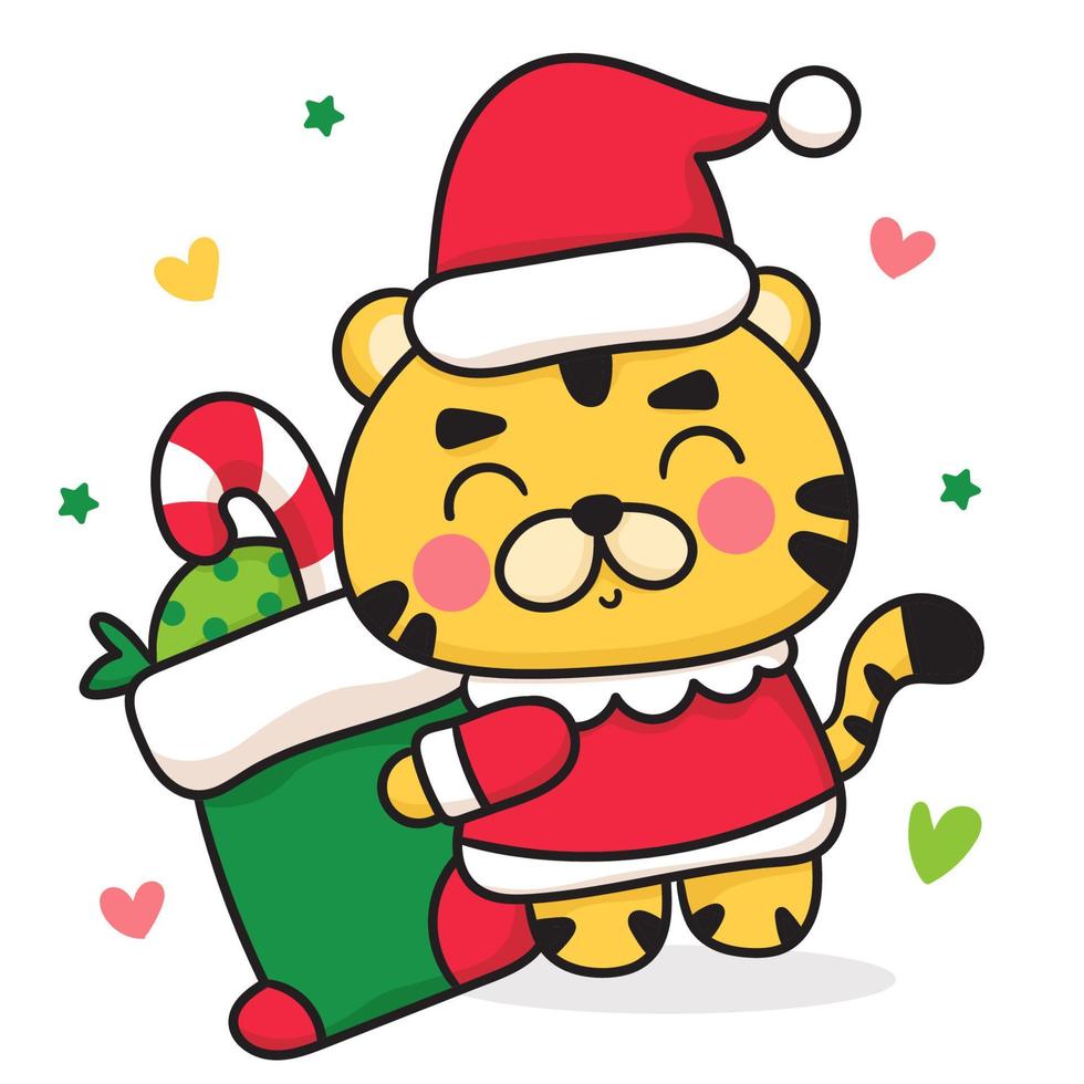 tigre santa claus con calcetín de navidad vector