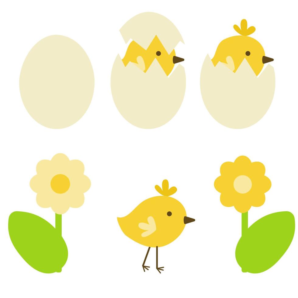 pollo con cáscara y sin, pájaro de pascua y huevo, clipart de flores y animales simbólicos vector