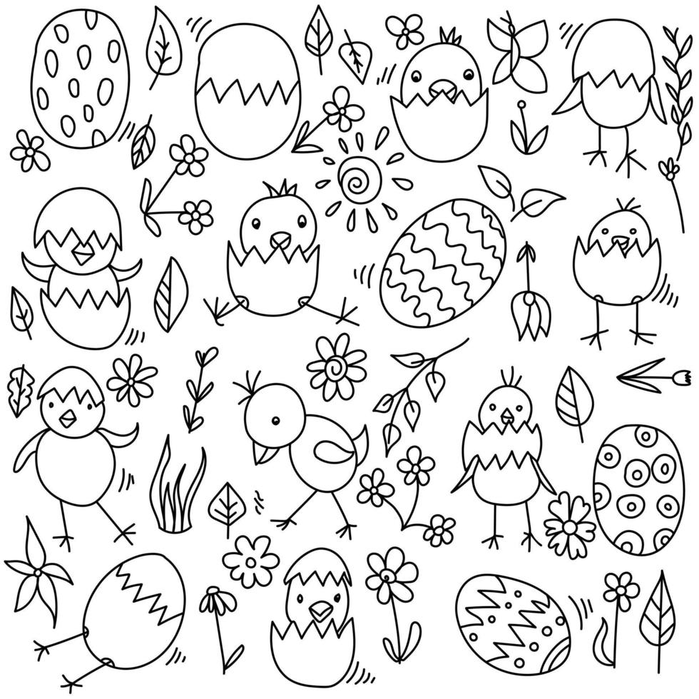 Conjunto de huevos y gallinas de doodle de Pascua, garabatos de primavera de flores y hojas, página para colorear de caza de Pascua vector