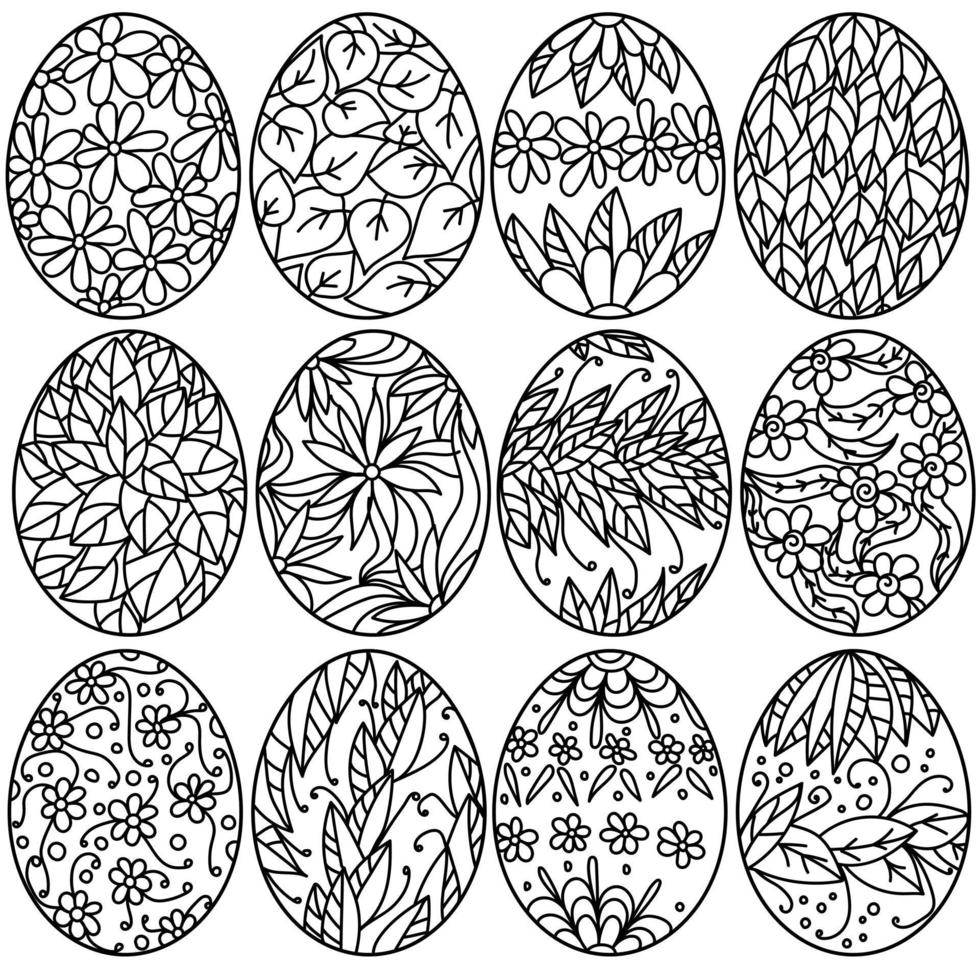 Set of Easter eggs with plant motifs, coloring page with floral and leafy ornaments on holiday attributes vector