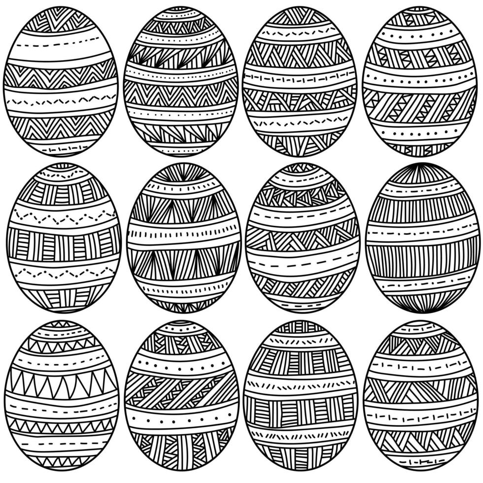 Conjunto de huevos de pascua con patrones intrincados, atributos de pascua con estilo rayado página para colorear vector