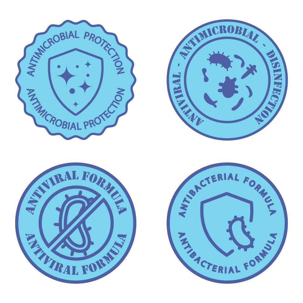 Antimicrobial resistant badges. Antiviral and antimicrobial formula. Clean hygiene label. Illustration with antiviral protection for medical design. Antibacterial shield. Vector icons