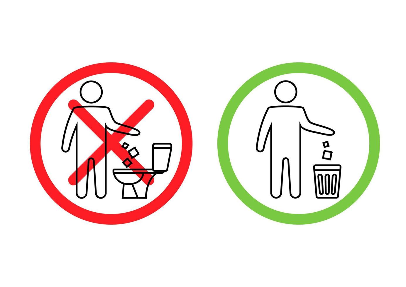 Do not litter in the toilet. Toilet no trash. Keeping the clean. Please do not flush paper towels, sanitary products, icons. Forbidden icon. Throwing garbage in a bin. Vector