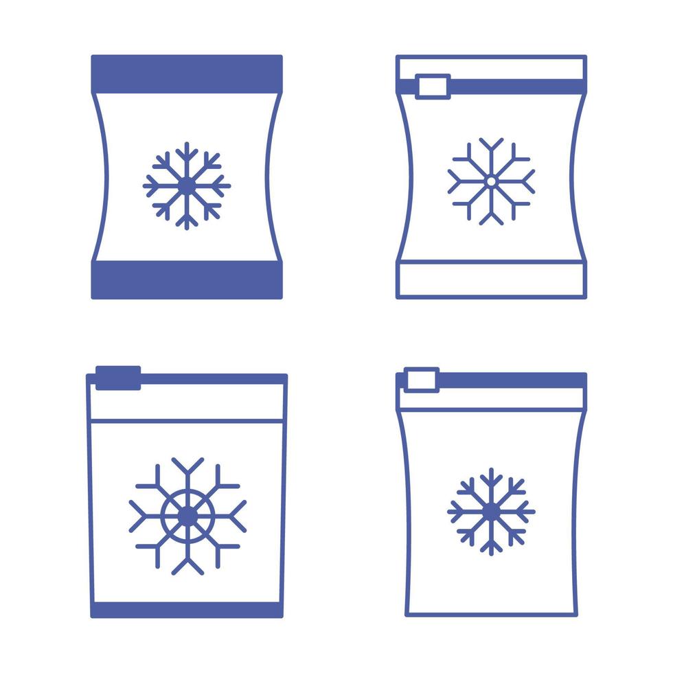 Set of vector frozen food bag. Freeze bag. Containers and bags for food semi-finished products frozen. Vacuum packed for freezing of food. Blue color icons set. Vector outline