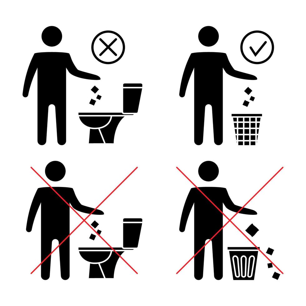 Do not litter in the toilet. Toilet no trash. Keeping the clean. Please do not flush paper towels, sanitary products, icons. Forbidden icon. Throwing garbage in a bin. Vector