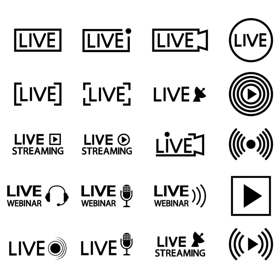 Set of live streaming icons. Black outline symbols and buttons of live streaming, broadcasting, online stream, online webinar. Lower third template for tv, shows, movies and live performances vector