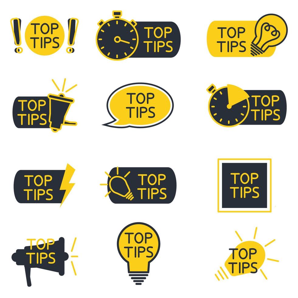 Tips tricks, helpful tricks, tooltip, hint for website. Set of top tips solution, helpful advice, text shapes. Vector icon of solution, advice. Helpful idea, blue color icons