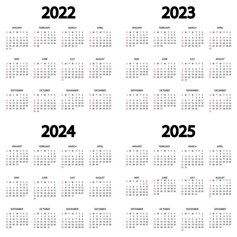 Calendar 2022, 2023, 2024, 2025 year. The week starts on Sunday. Annual calendar template. Yearly English calendar. Yearly organizer in minimal design. Portrait orientation vector