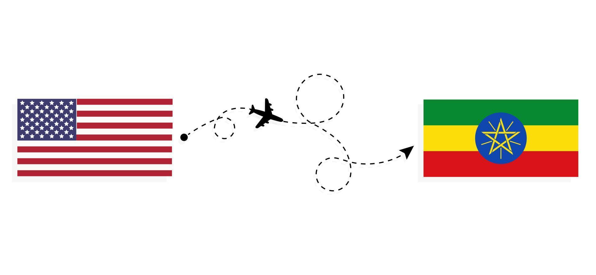 Vuelo y viaje desde EE. UU. a Etiopía en avión de pasajeros concepto de viaje vector