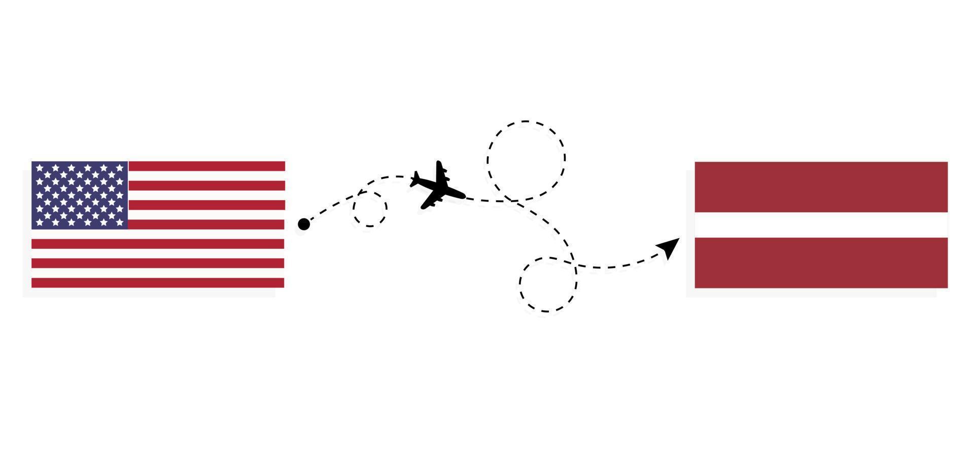 Vuelo y viaje desde EE. UU. a Letonia en avión de pasajeros concepto de viaje vector