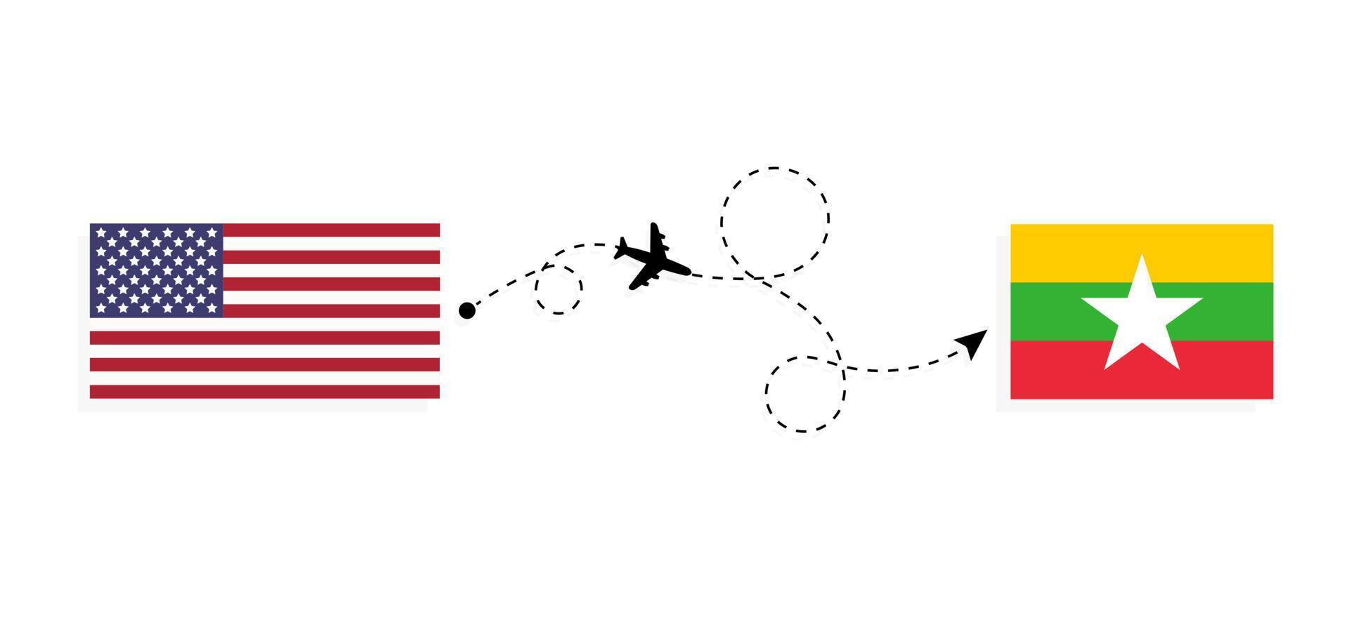 vuelo y viaje desde EE. UU. a myanmar en avión de pasajeros concepto de viaje vector