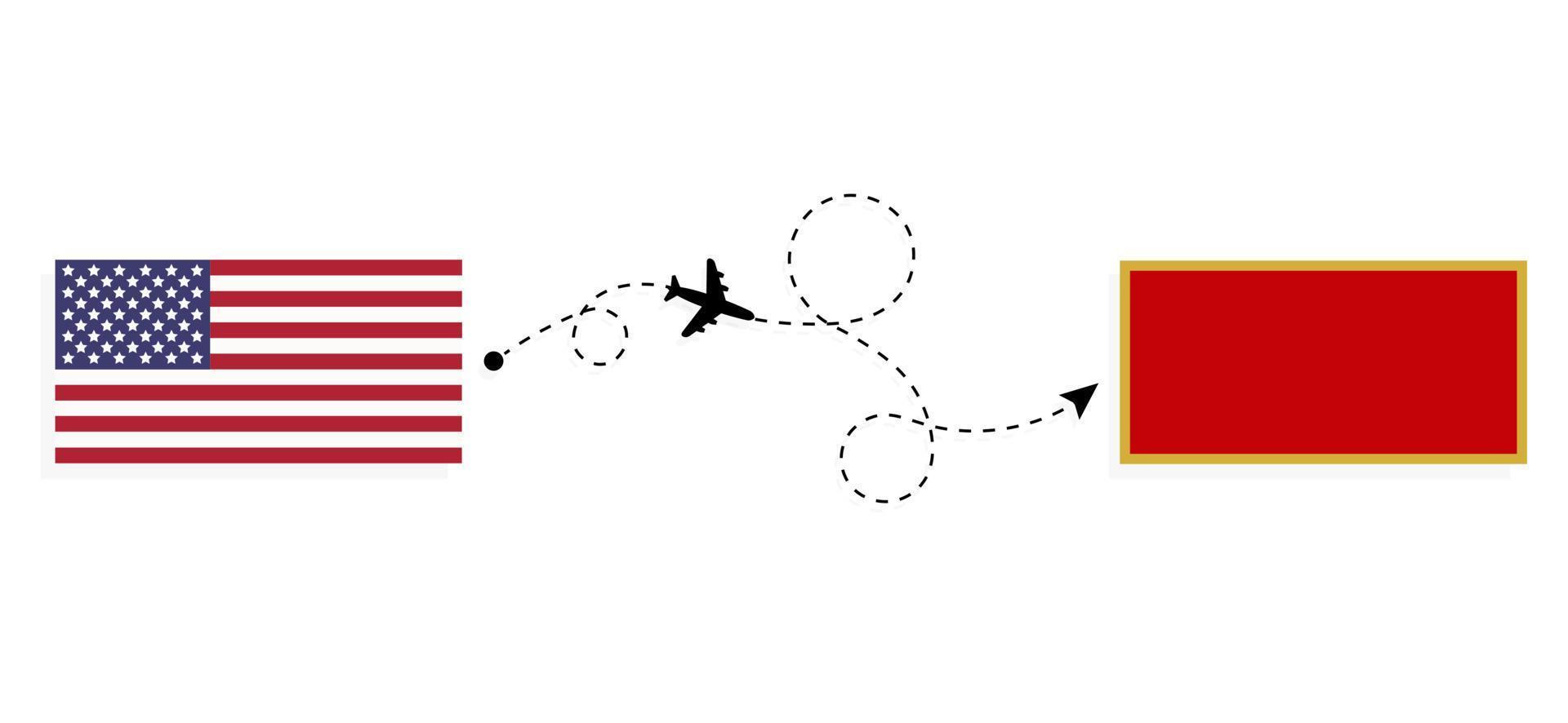 Vuelo y viaje desde EE. UU. a Montenegro en avión de pasajeros concepto de viaje vector
