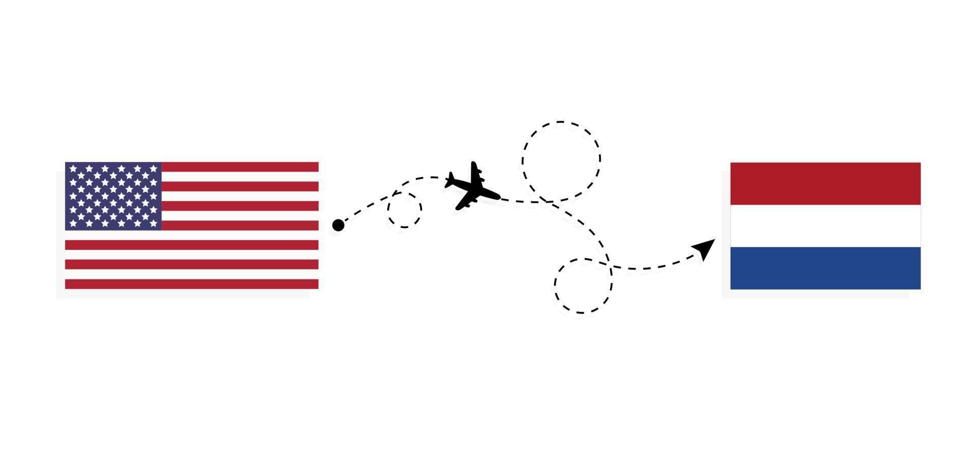 Vuelo y viaje desde EE. UU. a Holanda en avión de pasajeros concepto de viaje vector