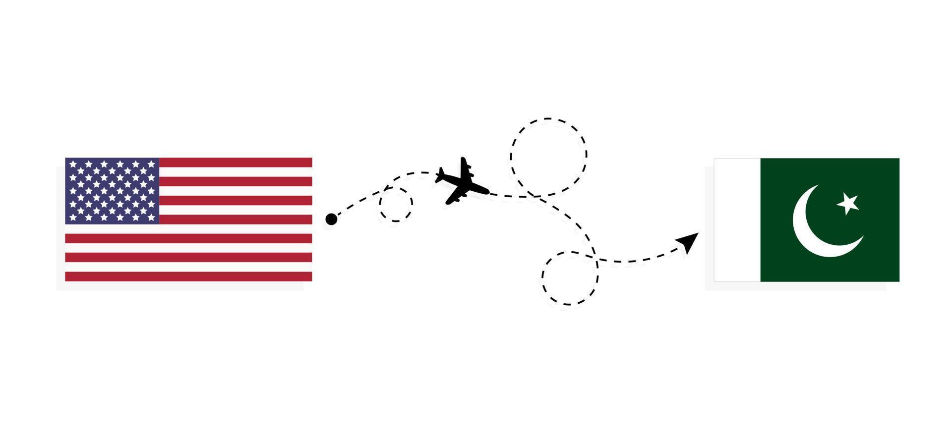 Vuelo y viaje desde EE. UU. a Pakistán en avión de pasajeros concepto de viaje vector