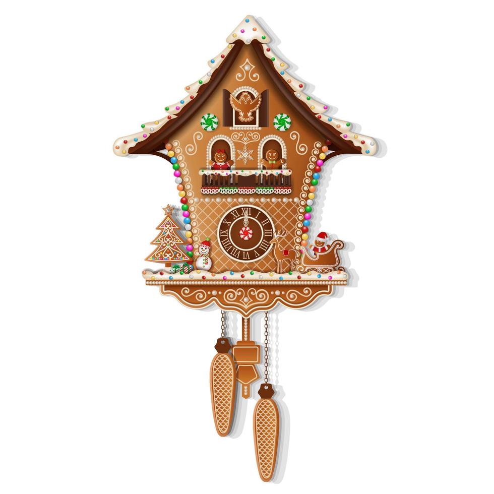 christmas gingerbread cuckoo clock with candies and cookies vector