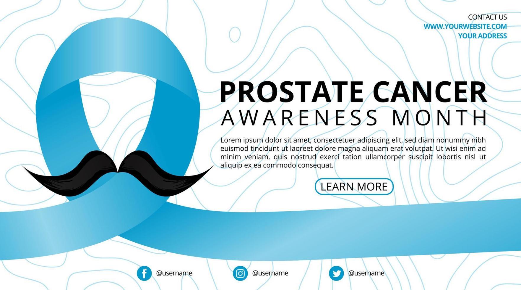 La pancarta del mes de concientización sobre el cáncer de próstata con cinta azul tiene un bigote y un fondo de mapa topográfico vector