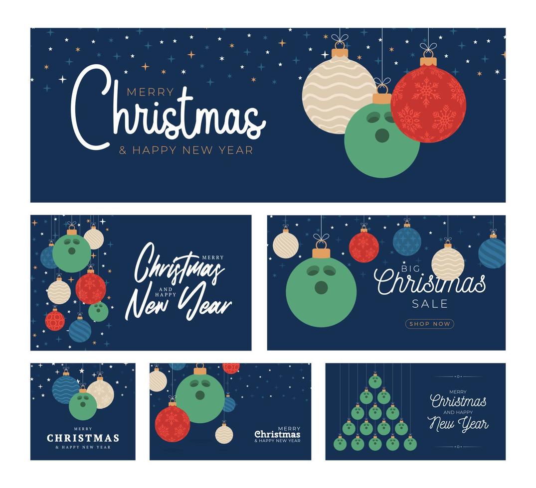 bowling Christmas card set. Merry Christmas sport flat greeting card. Hang on a thread bowling ball as a xmas ball and color bauble on blue background. Sport Vector illustration collection.