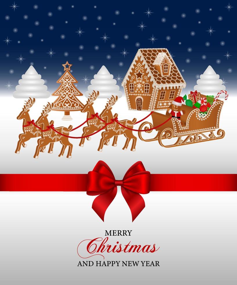 christmas background with gingerbread house, sleigh and red bow vector