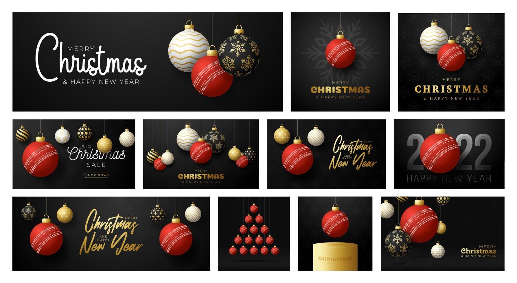 cricket Christmas card set. Merry Christmas sport greeting card. Hang on a thread cricket ball as a xmas ball and golden bauble on black background. Sport Vector illustration collection.