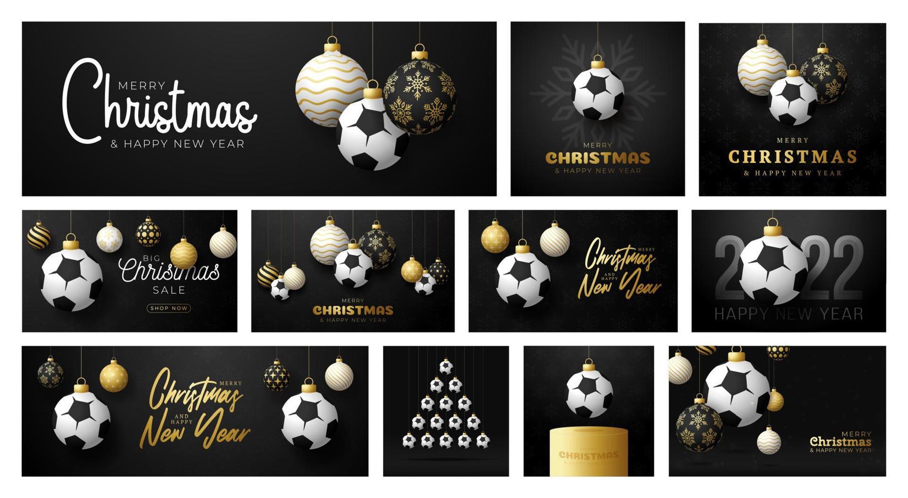 juego de tarjetas de navidad de fútbol. Feliz Navidad tarjeta de felicitación deportiva. colgar de un hilo de pelota de fútbol como bola de Navidad y adorno de oro sobre fondo negro. colección de ilustración de vector de deporte.