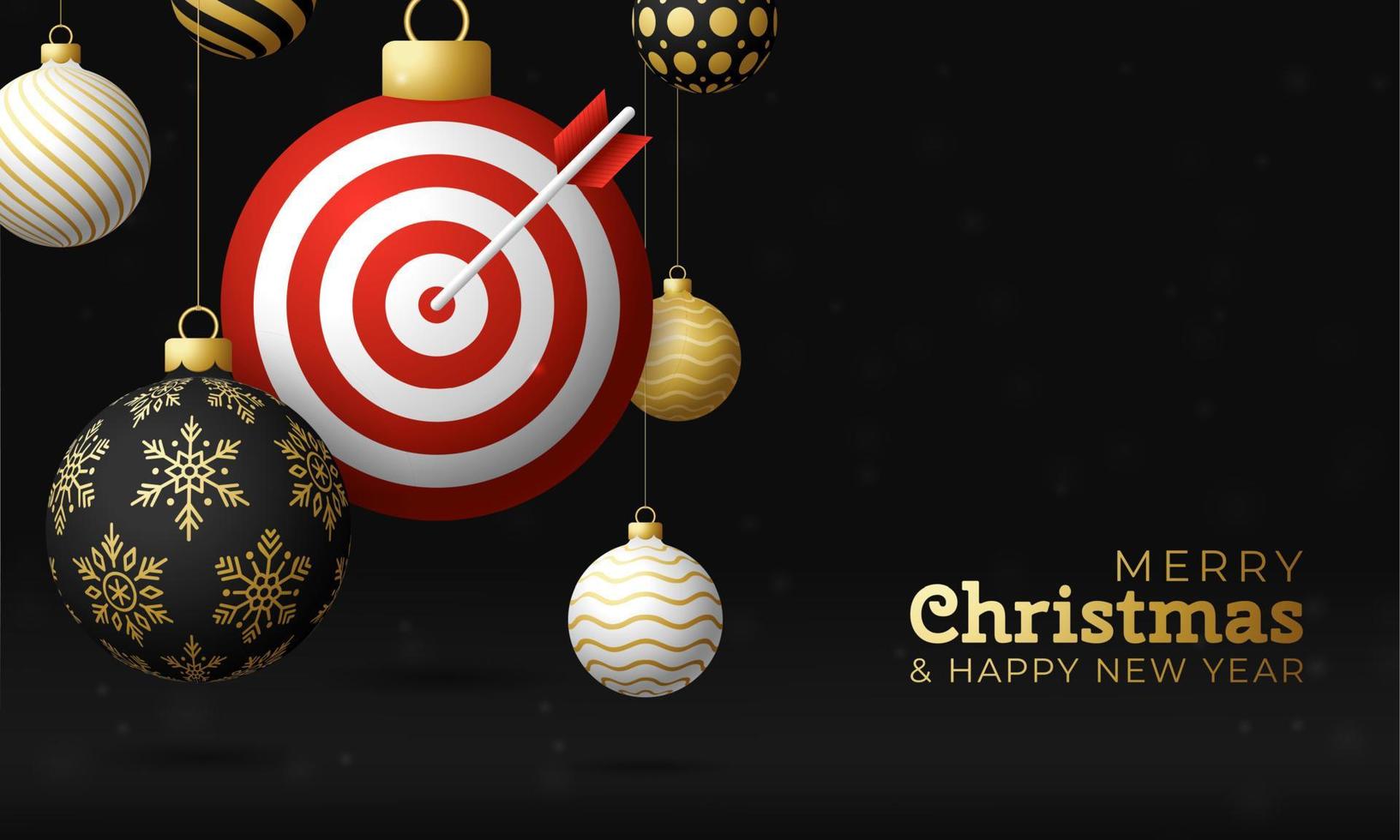 Target Dash Christmas card. Merry Christmas sport greeting card. Hang on a thread Target Dash as a xmas ball and golden bauble on black background. Sport Vector illustration.