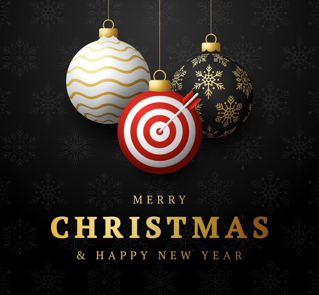 Target Dash Christmas card. Merry Christmas sport greeting card. Hang on a thread Target Dash as a xmas ball and golden bauble on black background. Sport Vector illustration.