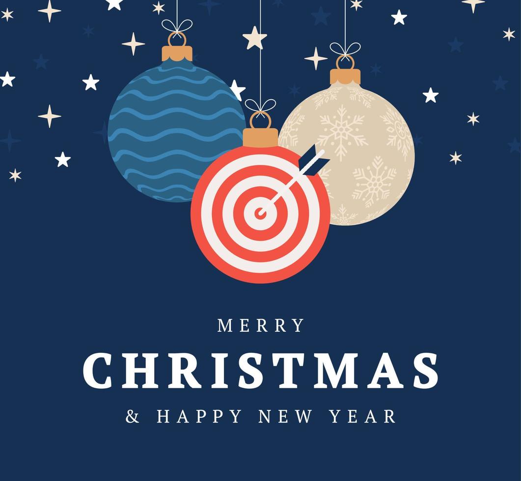 Target Dash Christmas card. Merry Christmas sport greeting card. Hang on a thread Target Dash as a xmas ball and golden bauble on black background. Sport Vector illustration.
