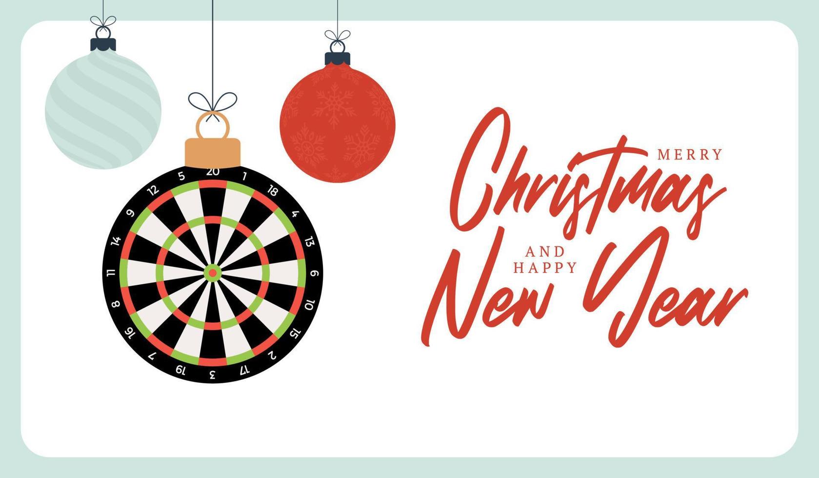 dart Christmas card. Merry Christmas sport greeting card. Hang on a thread dartboard as a xmas ball and golden bauble on black background. Sport Vector illustration.