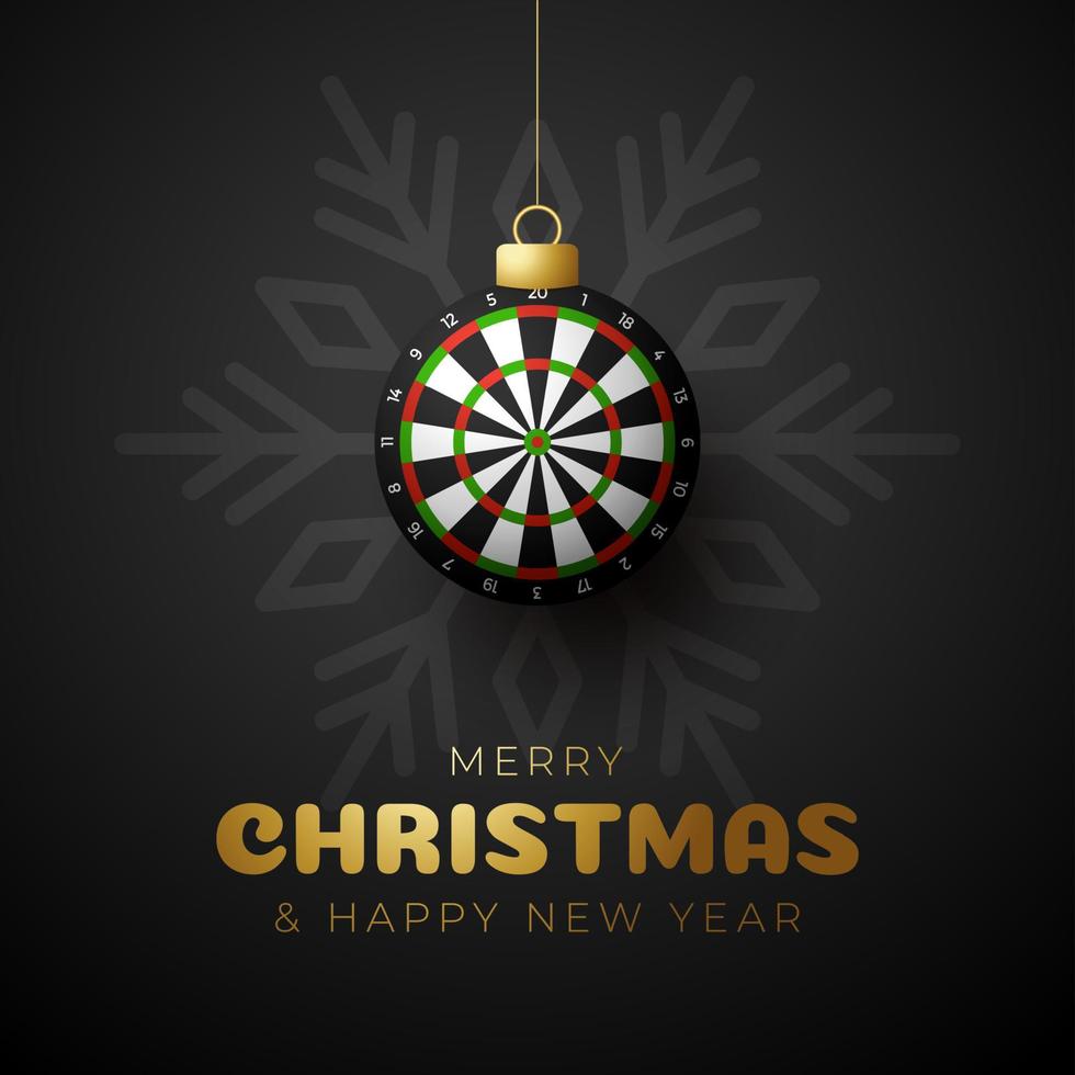 dardo tarjeta de navidad. Feliz Navidad tarjeta de felicitación deportiva. colgar en un tablero de dardos de hilo como una bola de Navidad y adorno dorado sobre fondo negro. Ilustración de vector de deporte.