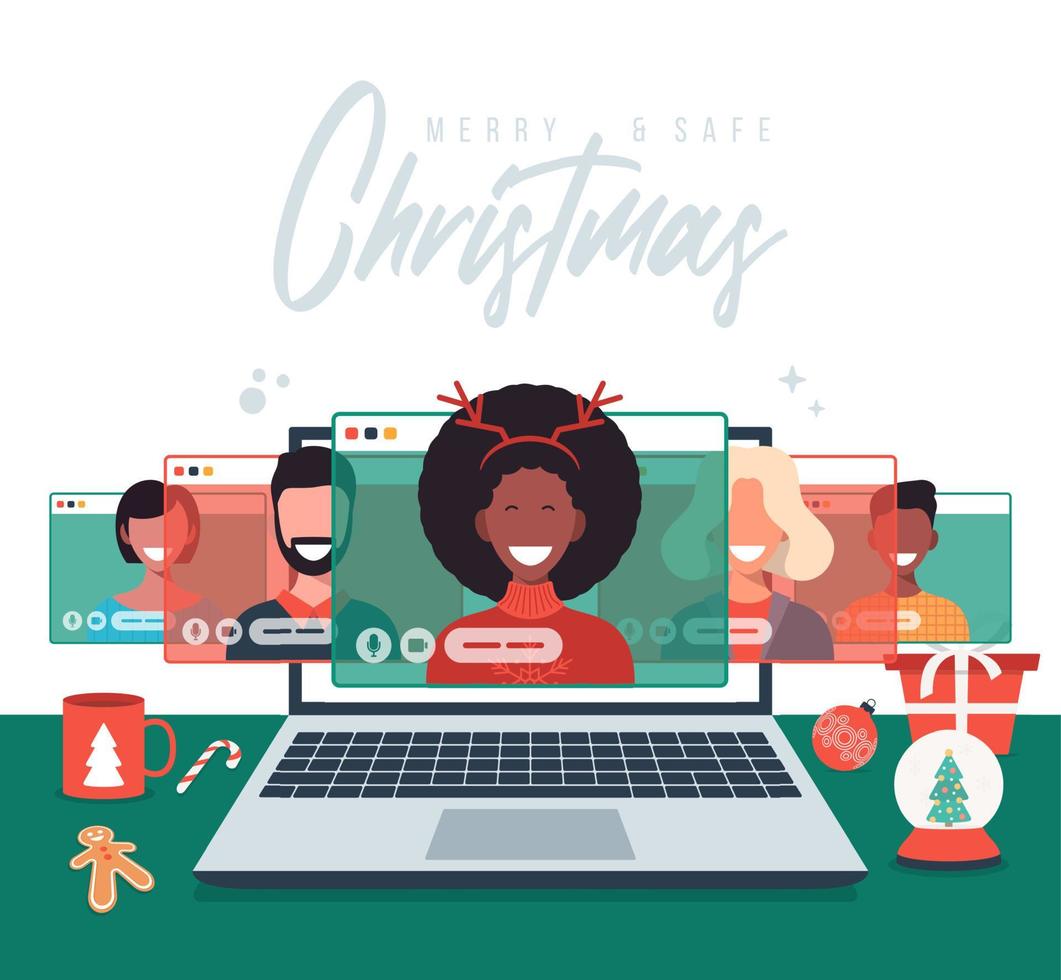 Christmas online greeting. people meeting online together with family or friends video calling on laptop virtual discussion. Merry and Safe Christmas office desk workplace, flat vector illustration